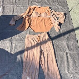 JLUXLABEL Shimmering Tan Wide Leg Pants & Jumpsuit Set